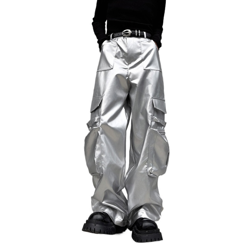 Leather Work Pants - Srebrne skórzane spodnie męskie streetwear moda