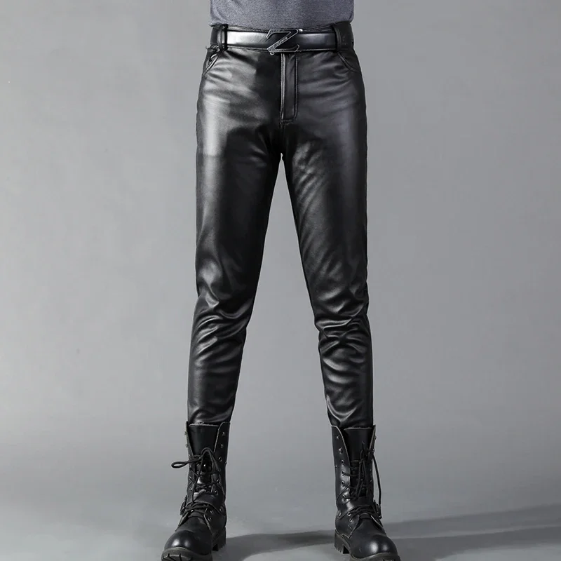 Leather Work Pants - Męskie spodnie skórzane Skinny Fit Elastyczne