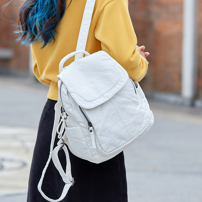 Leather Work Backpack - Plecak damski biały sprany plecak skórzany